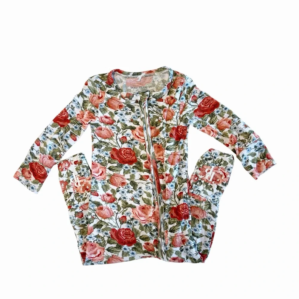 Posh Peanut Floral One Piece Bamboo Footie Pajamas Girls Size 6-9 Months Zipper